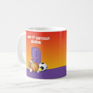 Custom Name Girl 9th Birthday Sports Balls Coffee Mug