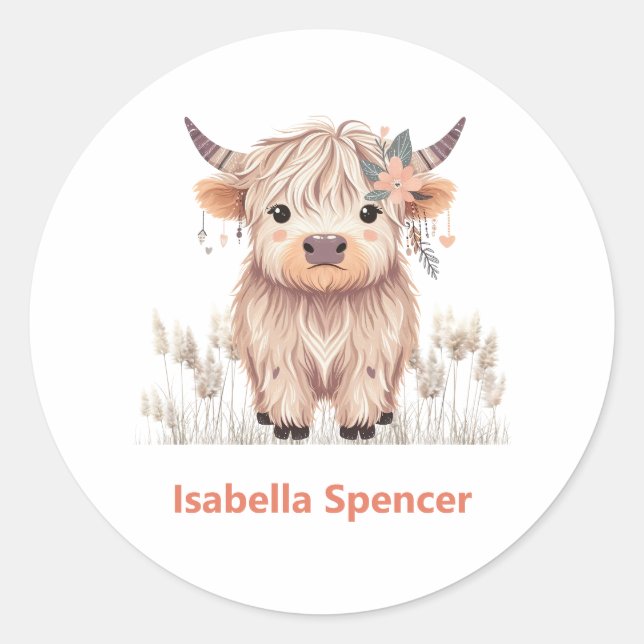 Custom Name Girl Cute Modern Highland Cow Classic Round Sticker (Front)