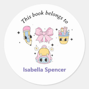 Custom Name Girl Cute This Book Belongs To Classic Round Sticker