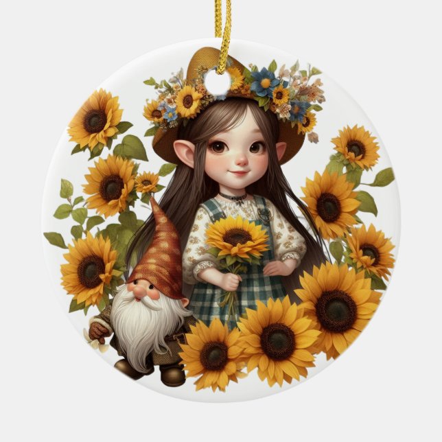 Custom name girl gnome sunflowers  ceramic ornament (Front)