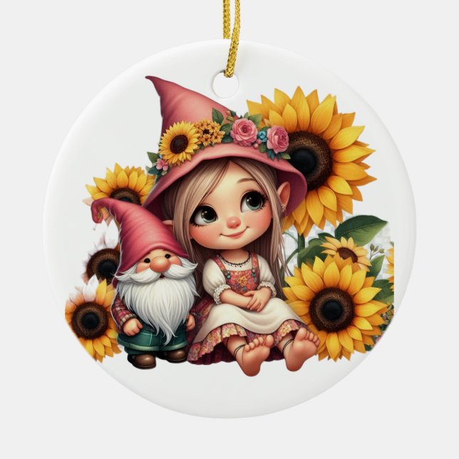 Custom name girl gnome sunflowers  ceramic ornament (Front)