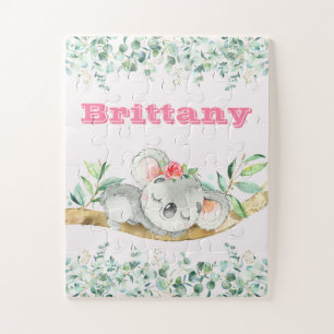Custom Name Girls Koala Bear Pink & Greenery Jigsaw Puzzle