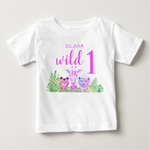 Custom Name Girl's Pink Wild One Jungle Animals  Baby T-Shirt