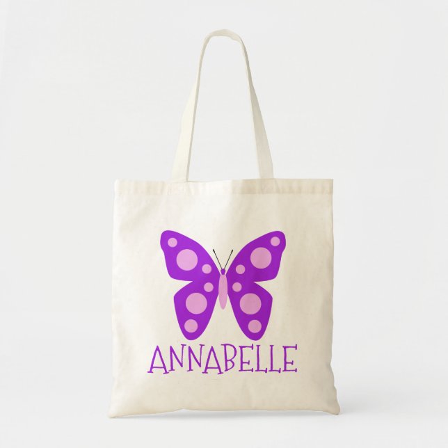 Custom Name Girls Purple Pink Butterfly Tote Bag (Front)