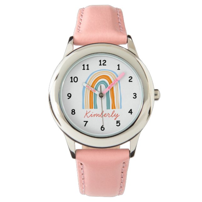 Custom name girl's watch with cute rainbow drawing (Front)