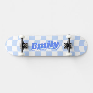 Custom Name Girly Blue White Chequered Pattern Skateboard