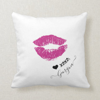 Custom Name Girly Chic Pink Kiss Lips Black Heart Throw Pillow