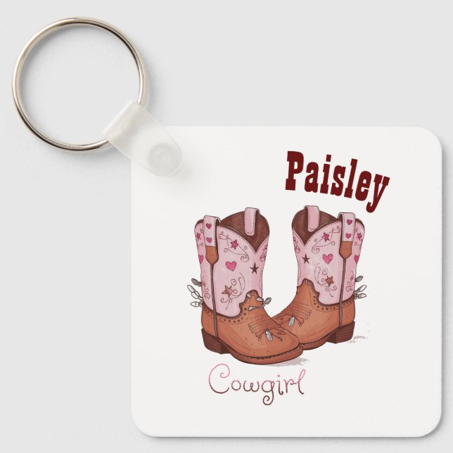 Custom Name Girly Cute CowGirl Boots Pink Brown Keychain (Front)