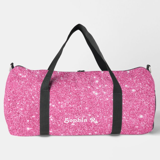 Custom Name Girly Faux Pink Glitter Duffle Bag (Front)