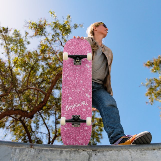 Custom Name Girly Faux Pink Glitter  Skateboard (Outdoor 1)