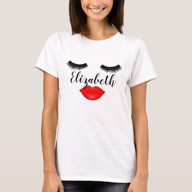 Custom Name Girly Lips and Lashes Red T-Shirt (Front)