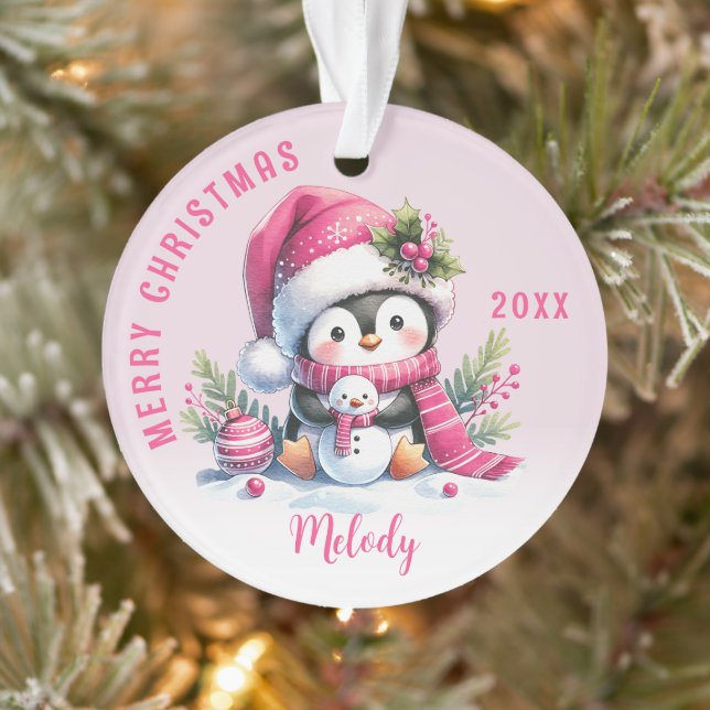 Custom Name Girly Penguin Pink Christmas Ornament (Tree)