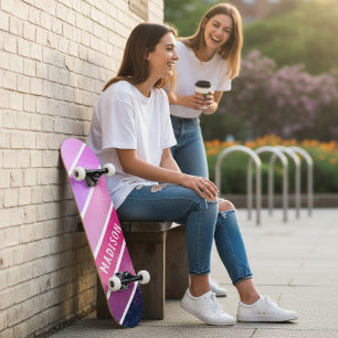 Custom Name Girly Pink Purple Stripes Skateboard