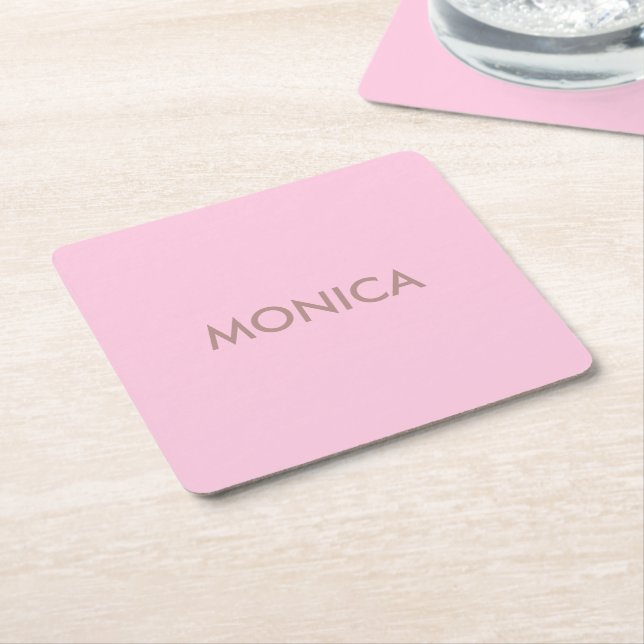 Custom name girly pink square paper coaster (Angled)