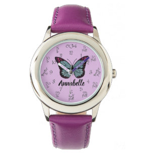 Custom Name Glitter Butterfly Purple Kids Learner Watch