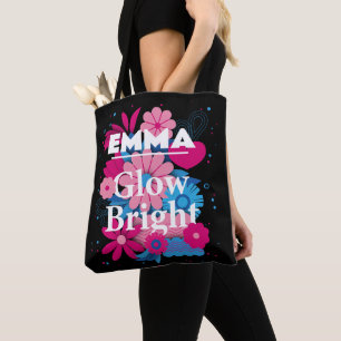 Custom Name Glow Bright Floral Personalized Gift Tote Bag