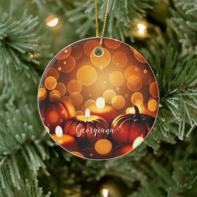 Custom Name Glowing Pumpkins Autumnal Bokeh Effect Ceramic Ornament (Tree)