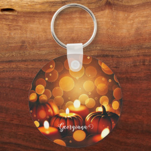 Custom Name Glowing Pumpkins Autumnal Bokeh Effect Keychain
