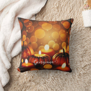 Custom Name Glowing Pumpkins Autumnal Bokeh Effect Throw Pillow