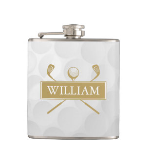 Custom Name Gold And White Clubs And Ball Hip Flask