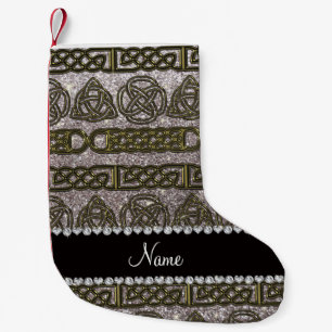 Custom name gold celtic silver glitter small christmas stocking