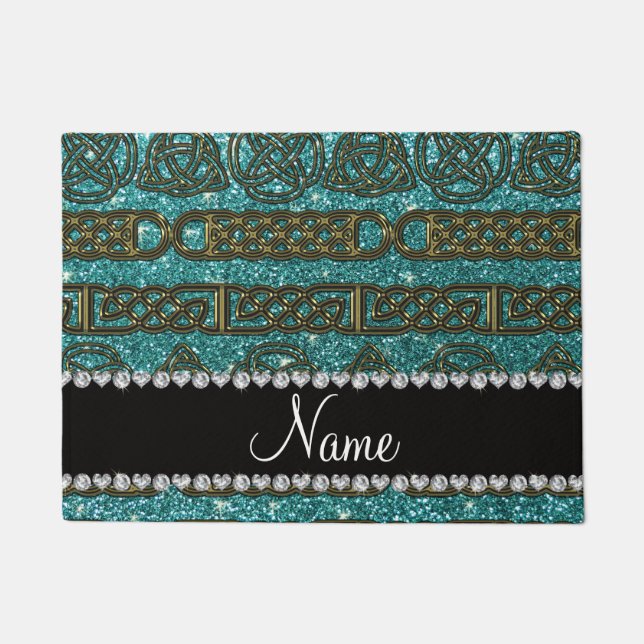 Custom name gold celtic turquoise glitter doormat (Front)