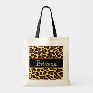 Custom Name Gold Chocolate Black Leopard Tote Bag