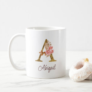 Custom Name Gold Foil Blush Pink Roses Letter A Coffee Mug