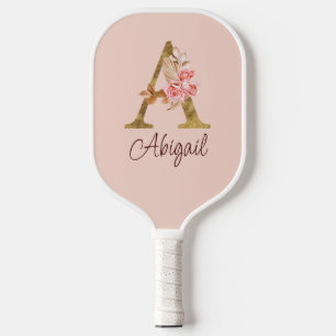 Custom Name Gold Foil Blush Pink Roses Letter A Pickleball Paddle
