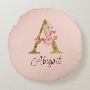 Custom Name Gold Foil Blush Pink Roses Letter A Round Pillow