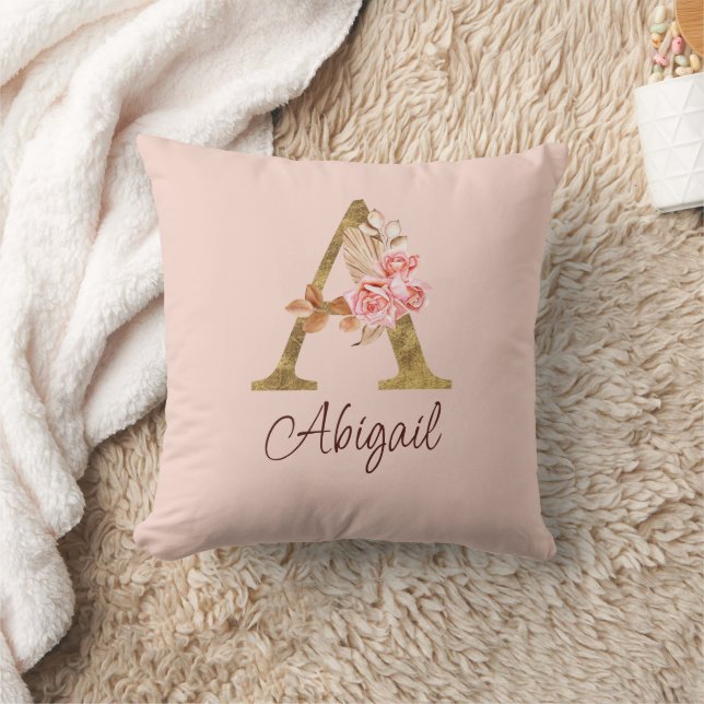 Custom Name Gold Foil Blush Pink Roses Letter A Throw Pillow (Blanket)