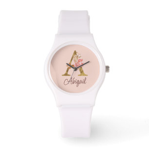 Custom Name Gold Foil Blush Pink Roses Letter A Watch