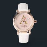 Custom Name Gold Foil Blush Pink Roses Letter A Watch<br><div class="desc">Custom Name Gold Foil Blush Pink Roses Letter A design features a stylish floral monogram with elegant shimmer—perfect for feminine themes, romantic occasions, and personalized name customization. Click 'Personalize' to customize with your name or a loved one’s.</div>