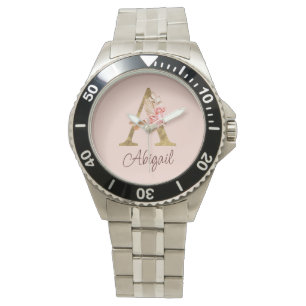 Custom Name Gold Foil Blush Pink Roses Letter A Watch
