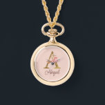 Custom Name Gold Foil Blush Pink Roses Letter A Watch<br><div class="desc">Custom Name Gold Foil Blush Pink Roses Letter A design features a stylish floral monogram with elegant shimmer—perfect for feminine themes,  romantic occasions,  and personalized name customization. Click 'Personalize' to customize with your name or a loved one’s.</div>