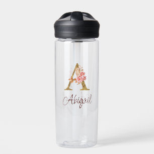 Custom Name Gold Foil Blush Pink Roses Letter A Water Bottle
