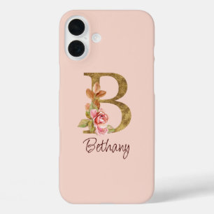 Custom Name Gold Foil Blush Pink Roses Letter B iPhone 16 Plus Case