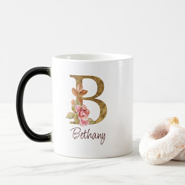 Custom Name Gold Foil Blush Pink Roses Letter B Magic Mug (With Donut)