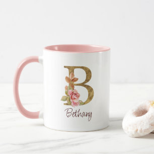 Custom Name Gold Foil Blush Pink Roses Letter B Mug
