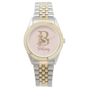 Custom Name Gold Foil Blush Pink Roses Letter B Watch