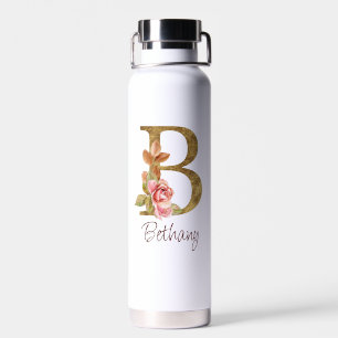 Custom Name Gold Foil Blush Pink Roses Letter B Water Bottle