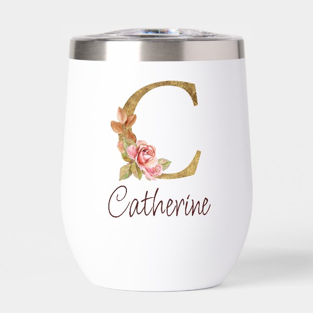 Custom Name Gold Foil Blush Pink Roses Letter C (Front)