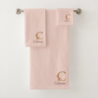 Custom Name Gold Foil Blush Pink Roses Letter C Bath Towel Set