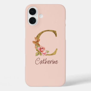 Custom Name Gold Foil Blush Pink Roses Letter C iPhone 16 Plus Case