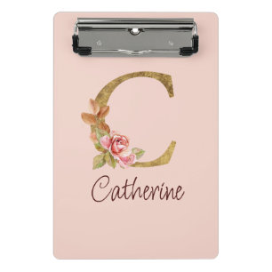 Custom Name Gold Foil Blush Pink Roses Letter C Mini Clipboard