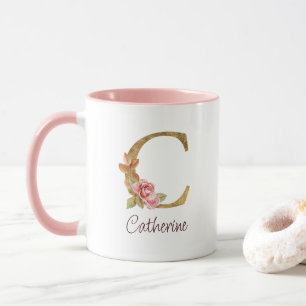 Custom Name Gold Foil Blush Pink Roses Letter C Mug