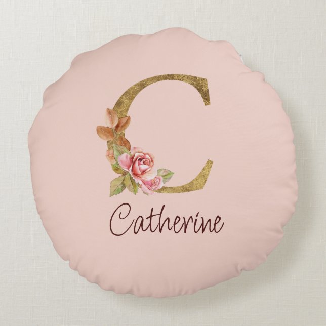 Custom Name Gold Foil Blush Pink Roses Letter C Round Pillow (Back)