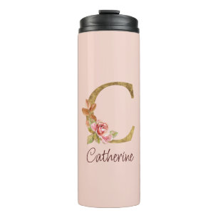 Custom Name Gold Foil Blush Pink Roses Letter C Thermal Tumbler
