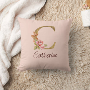 Custom Name Gold Foil Blush Pink Roses Letter C Throw Pillow