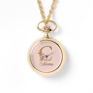Custom Name Gold Foil Blush Pink Roses Letter C Watch